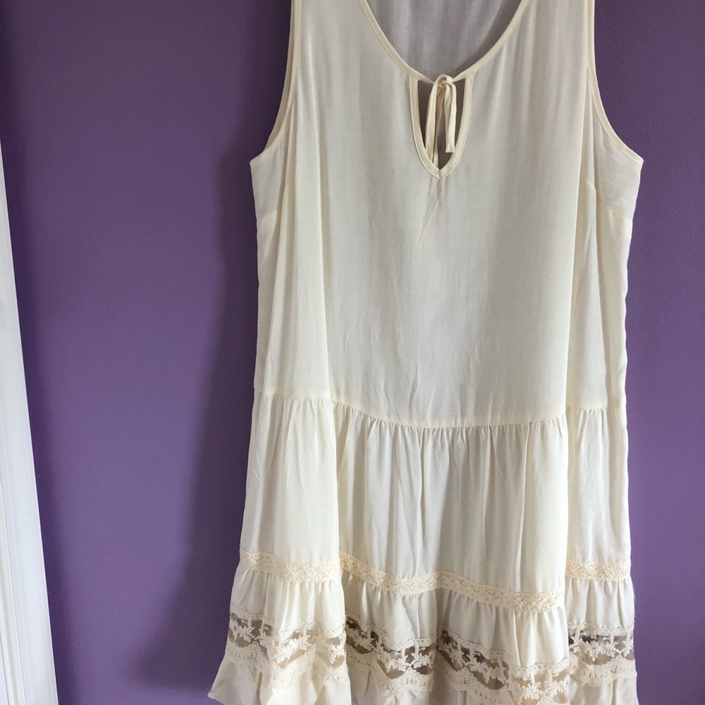 Cream Flowy Dress with Floral Lace Hem